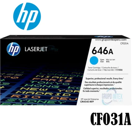 Toner Hp 646A Cyan Cf031A Laserjet Cm4540 Mfp, Cm4540F Mfp, Cm4540Fskm Mfp